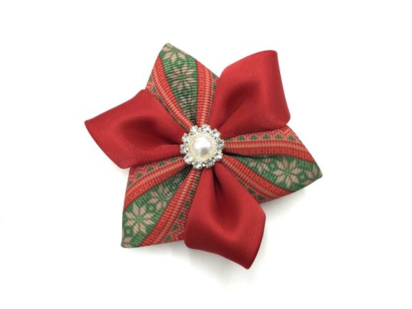 flower bow - red ugly sweater print/red<br/>GROSGRAIN RIBBON<br/>clearance (Christmas release 7)