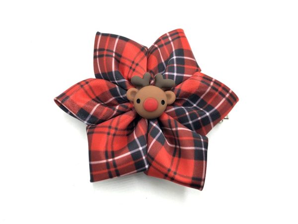 flower bow - red tartan print<br/>embellishment, reindeer head<br/>clearance (Christmas release 4)